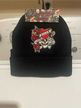 NWT Ed Hardy black beanies with skull, roses and 'LOVE KILLS SLOWLY'